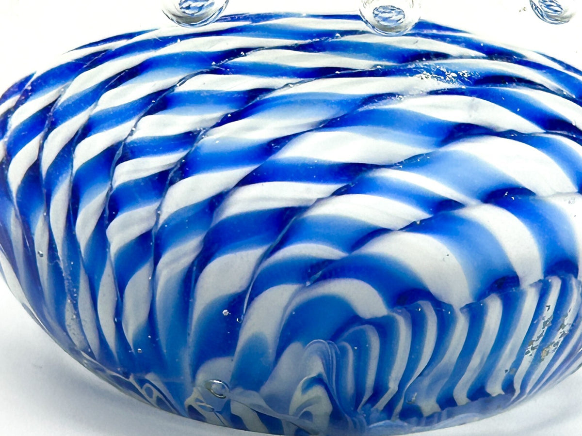 Vintage Blue White Stripes Bubbles Art Glass Paperweight Dome Controlled Bubbles