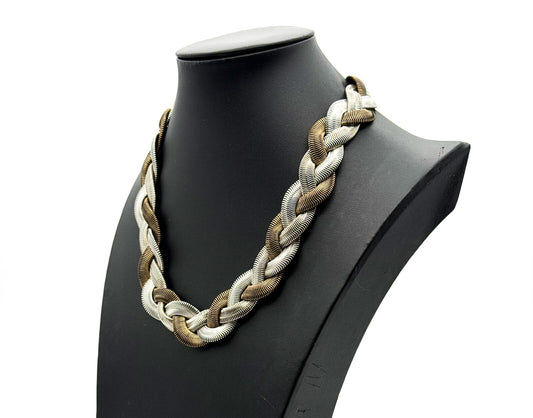 M&S Statement Necklace Mixed Metal Braided Snake Chain Wide Collar 18” Retro