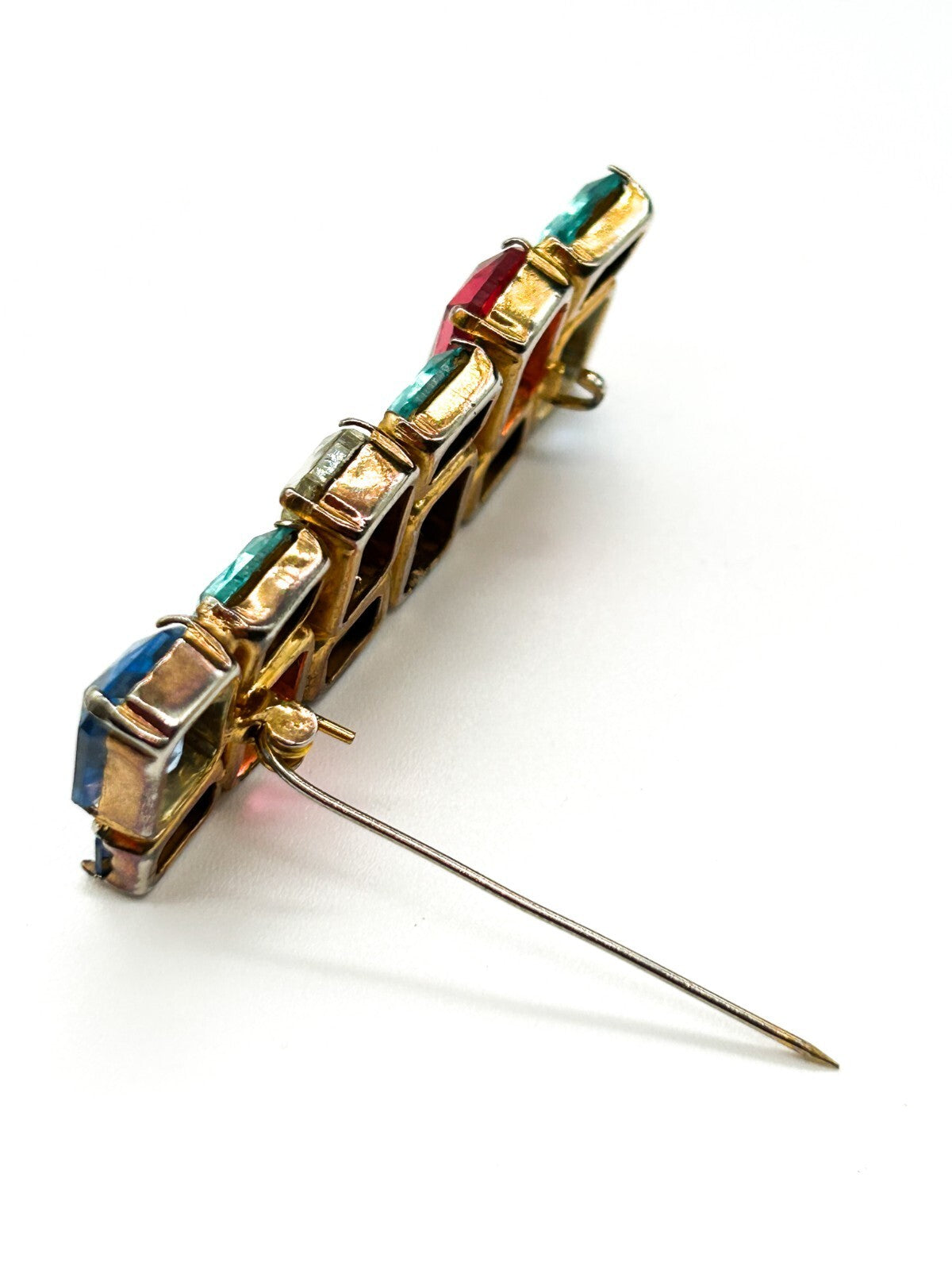 Antique Art Deco Czech Glass Rhinestone Bar Brooch Multicolour C Clasp 6cm