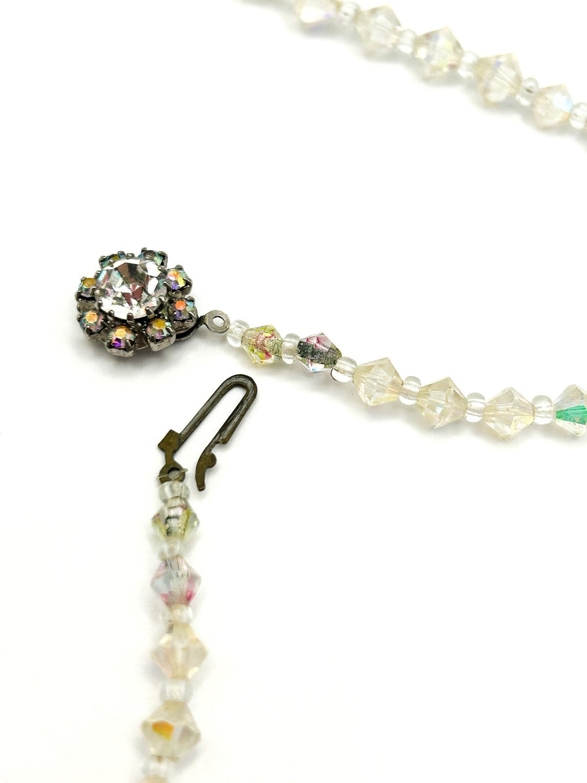 Aurora Borealis Crystal Bicone Necklace with Rhinestone Flower Clasp