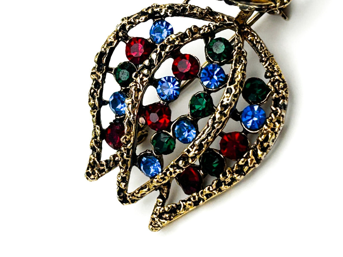 Gold Tone Openwork Tulip Brooch with Multicolour Rhinestones