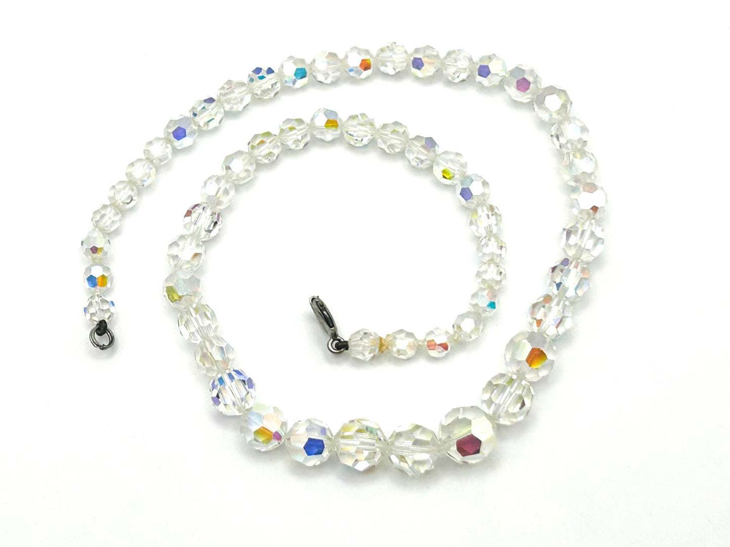 Vintage Aurora Borealis Crystal Necklace Graduated Faceted Glass 17.5” Retro