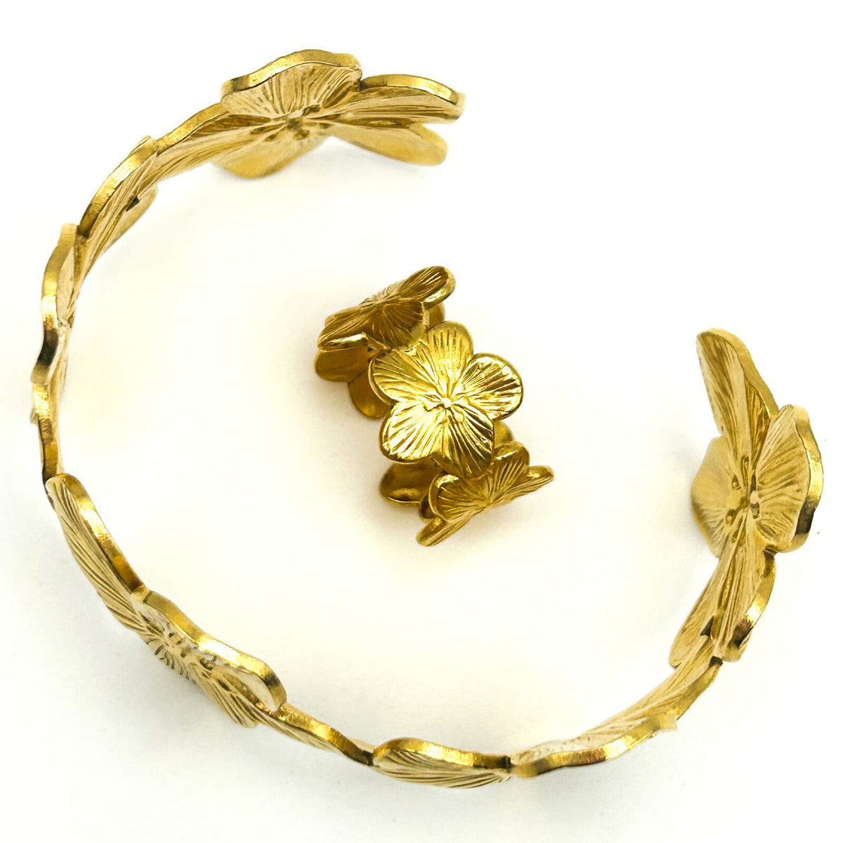 Gold Tone Flower Bangle Bracelet and Ring Set Adjustable Floral Statement Jewell