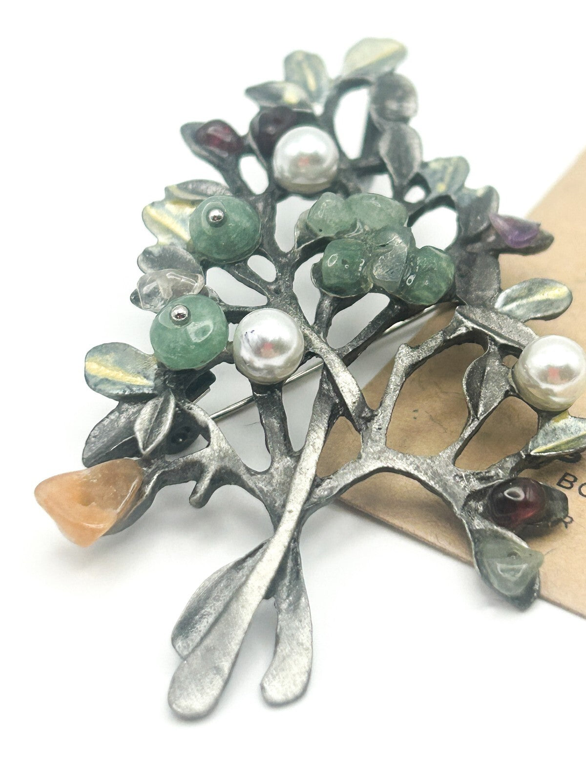 Pewter Leaf Tree Branch Gemstone Brooch - Aventurine, Faux pearl, Amethyst