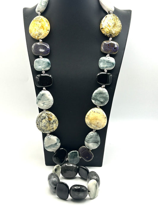 Chunky Marble-Effect Ceramic Necklace & Bracelet Set – Hand-Knotted Grey Ribbon