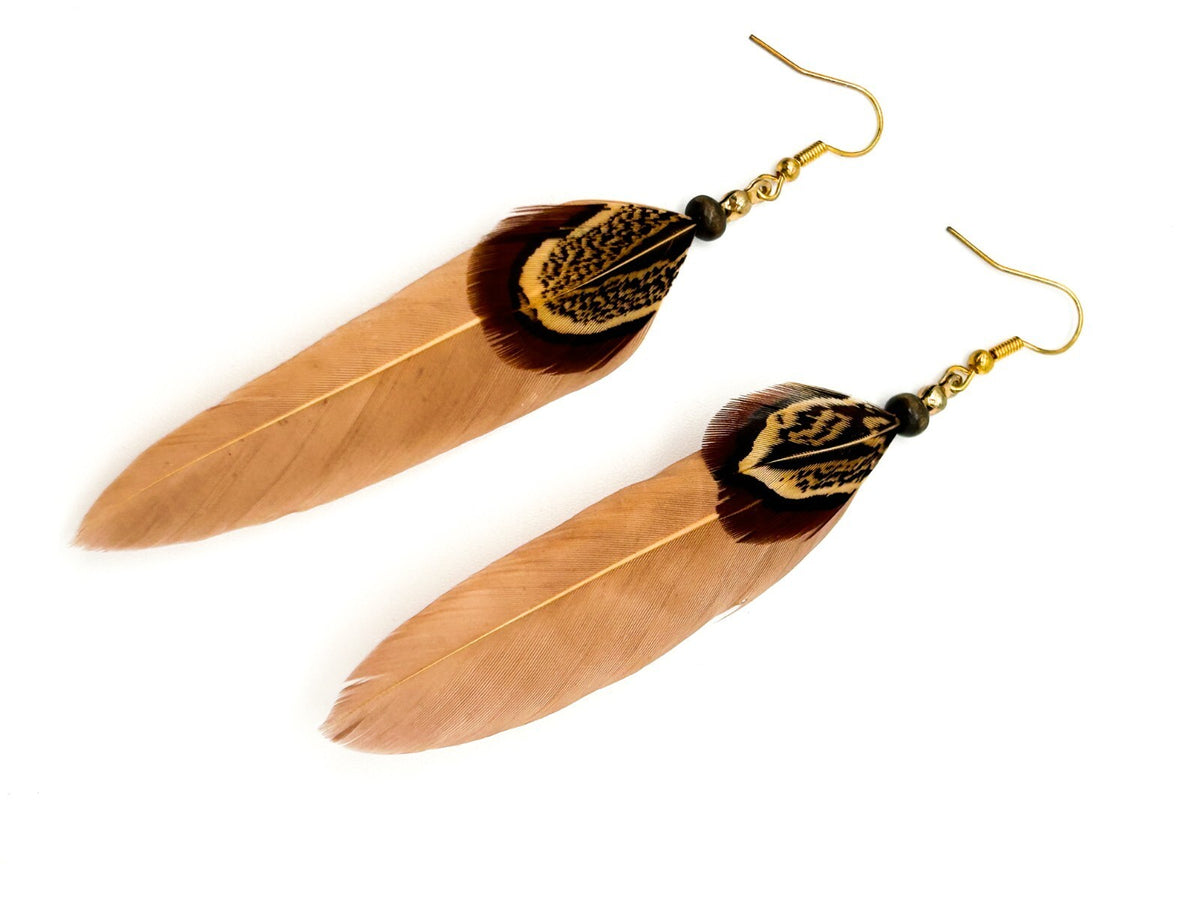 BD-Eye Original Boho Feather & Wood Earring Pair Festival Beach Natural Dangle
