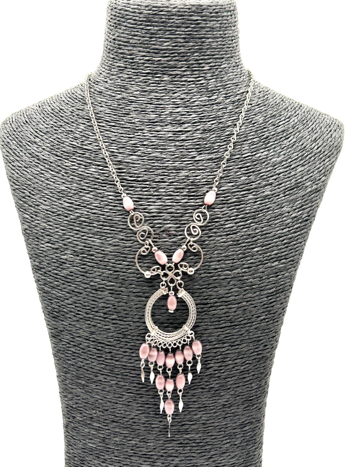 Peruvian Alpaca Necklace Earrings Set Mauve Glass Fringe Boho Chandelier Dainty
