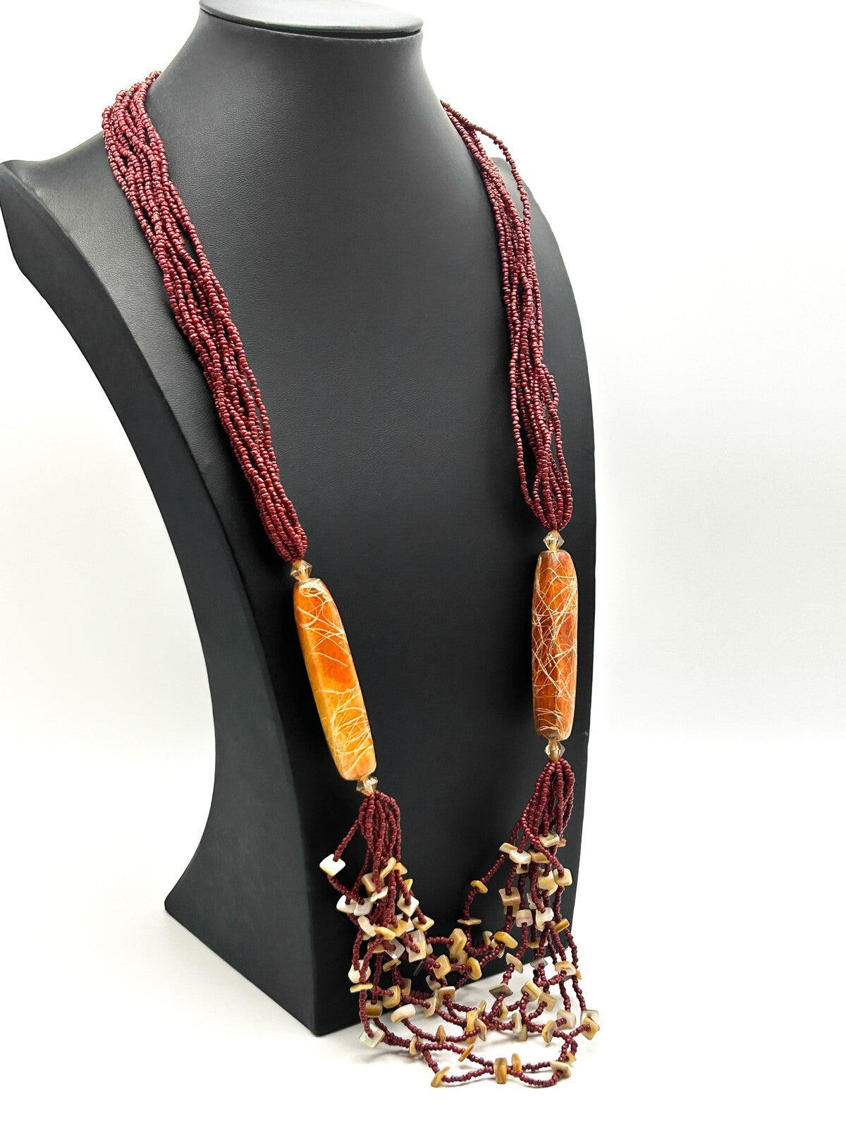 Red Multi-Strand Glass Seed Bead Necklace with Orange Drizzle Tube Beads Bogo