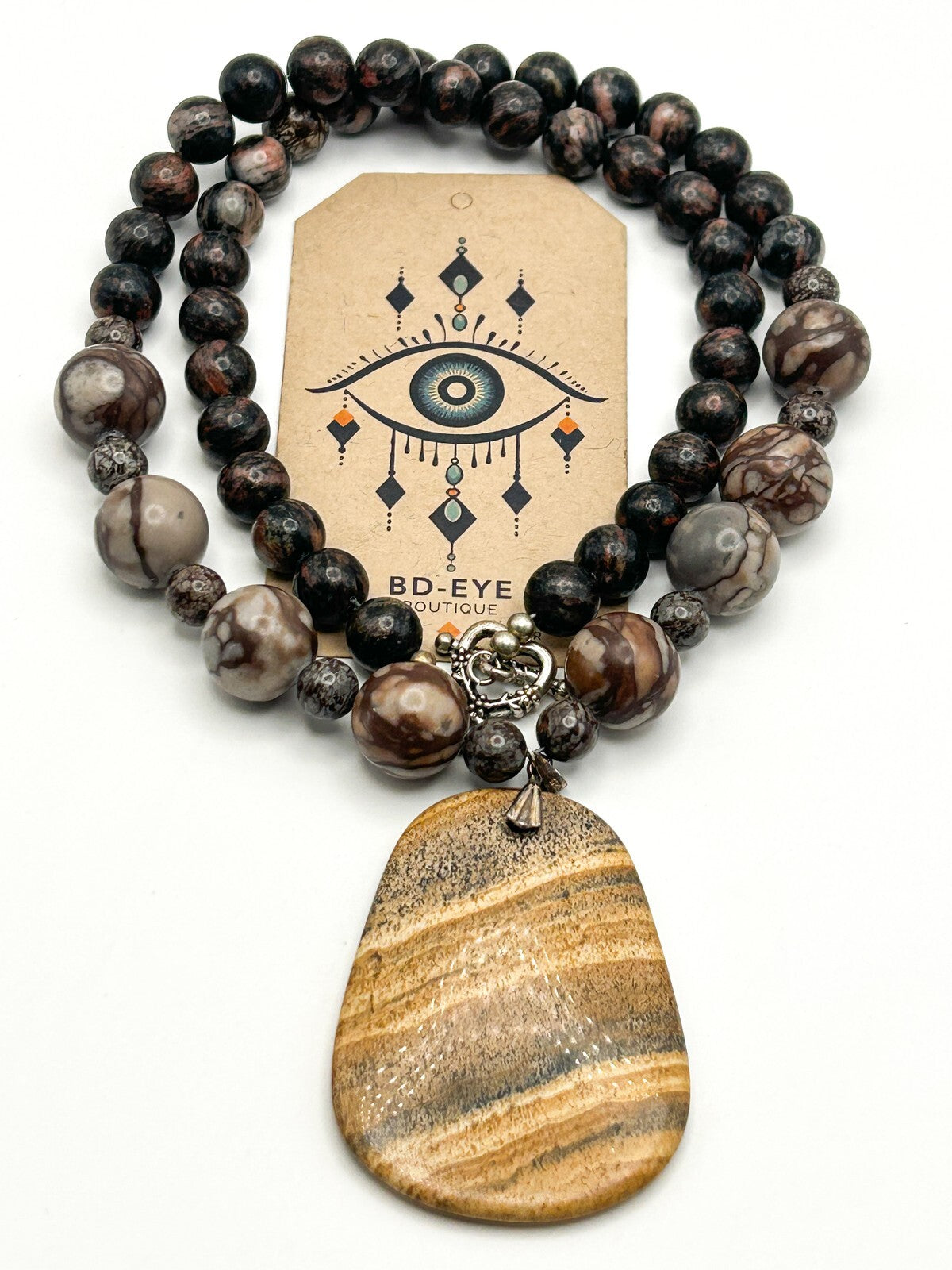Picture Jasper Pendant Necklace – 925 Sterling Silver Bale – 26” Gemstone Boho
