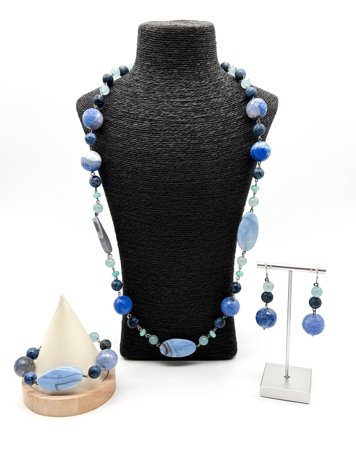 Chunky Blue Agate Beaded Necklace Bracelet Earrings Set Artisan Style