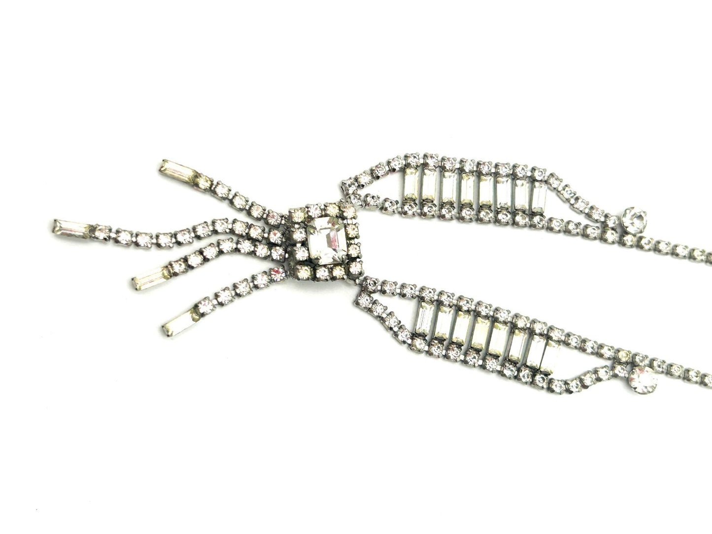 Vintage Rhinestone Waterfall Necklace Baguette Statement Tassel Drop 16”