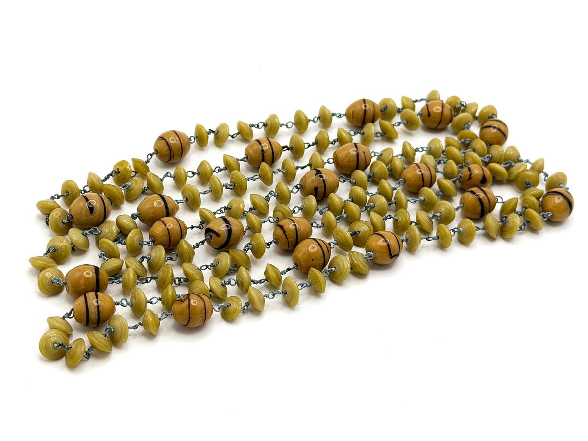 Vintage Venetian Style Glass Bead Necklace Mustard & Olive Disc  Barrel Detail