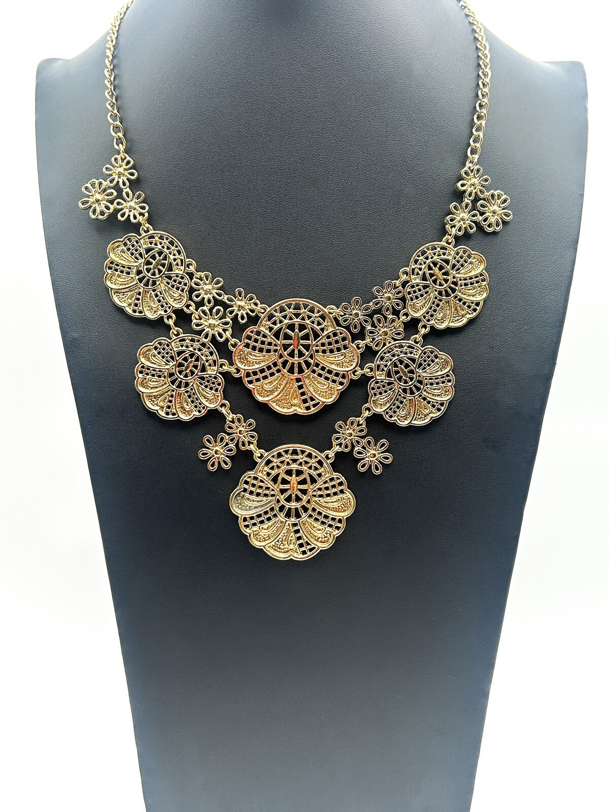 Gold Tone Filigree Bib Necklace Statement Articulated Panels Ornate Festival 17.