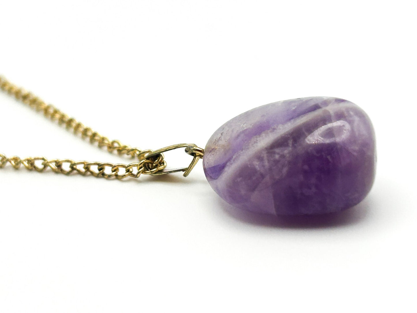 Vintage Gold Tone Chain Necklace with Tumbled Amethyst Pendant - VTG Purple Gem
