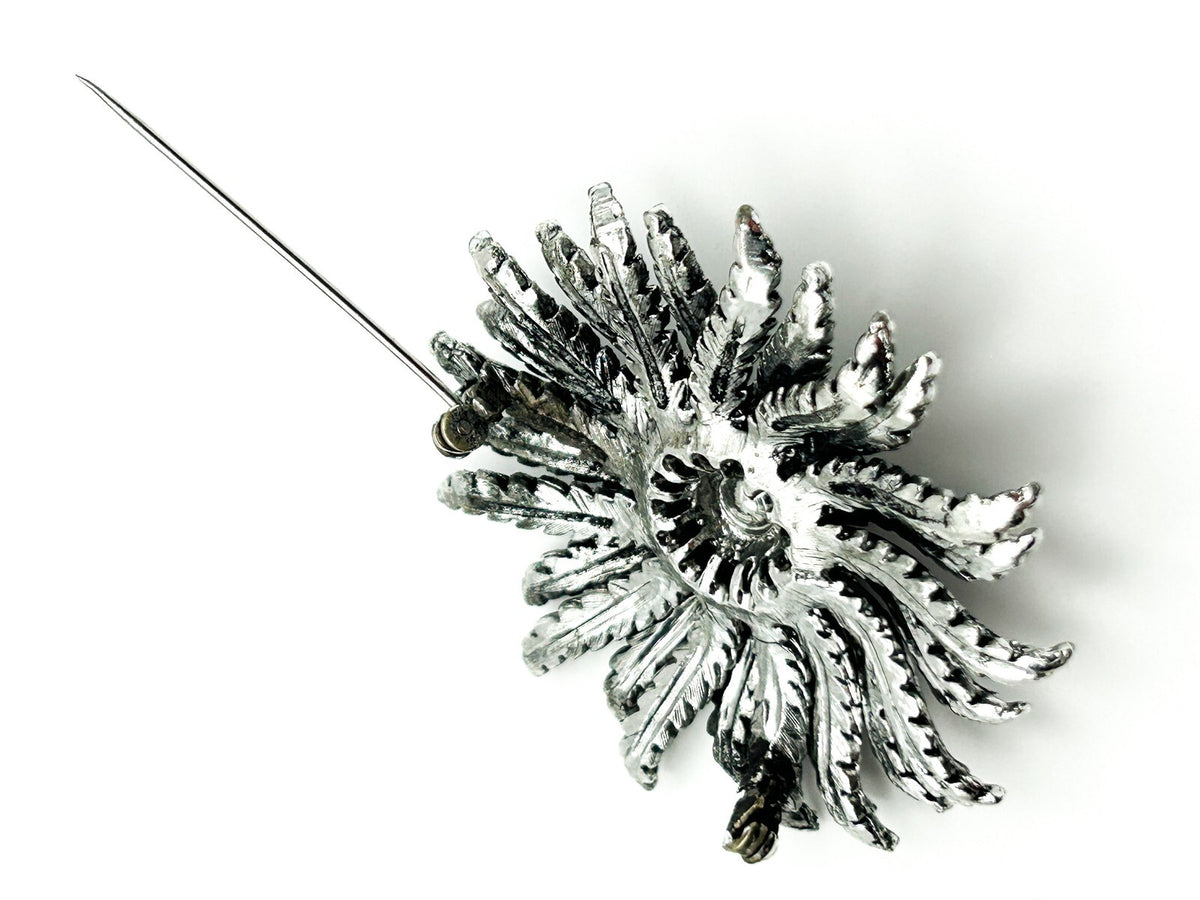 Silver-Tone Sculptural Floral Textured Flower Brooch Statement
