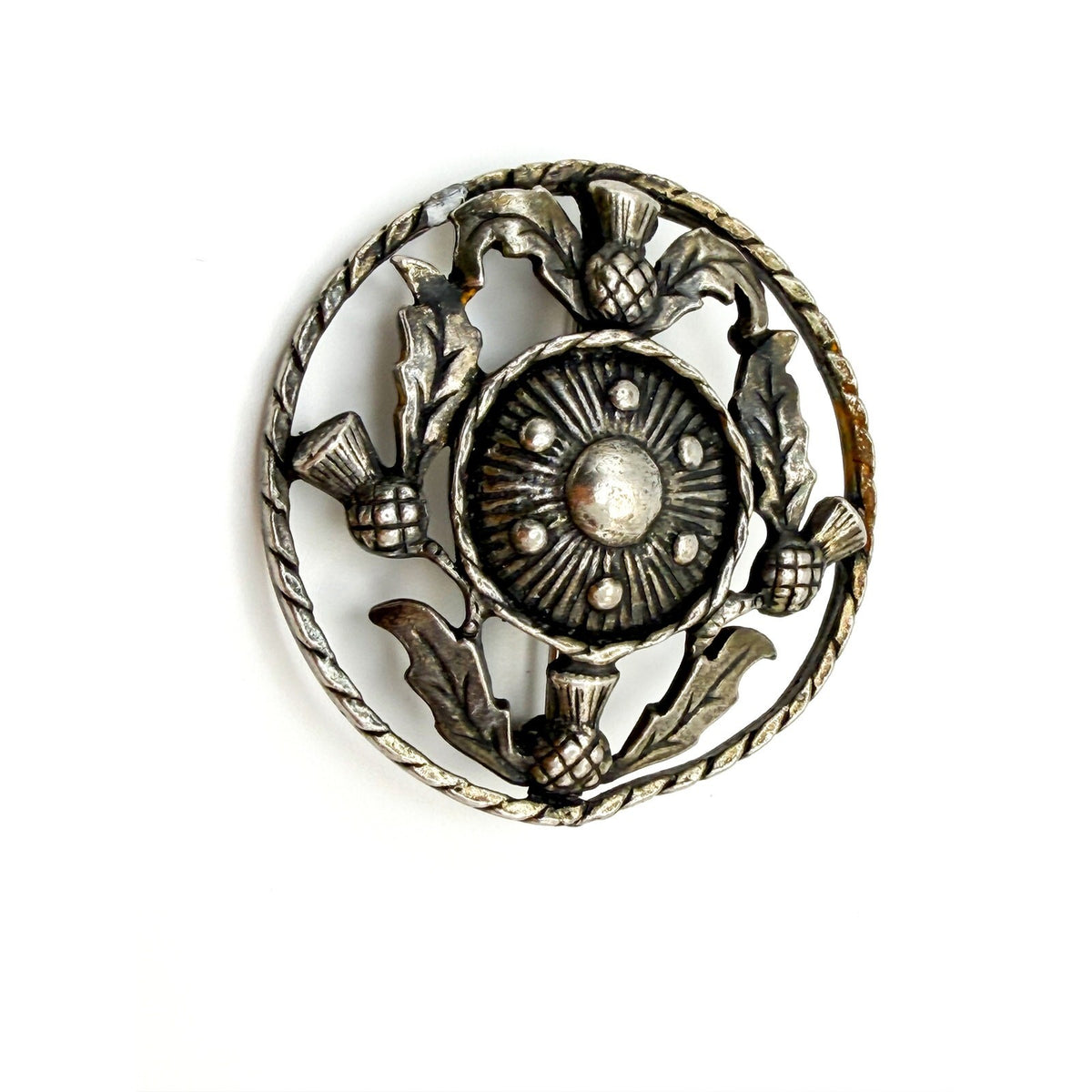 Vintage Scottish Thistle Brooch – Pewter Silver Tone Flower Round Brooch Pin