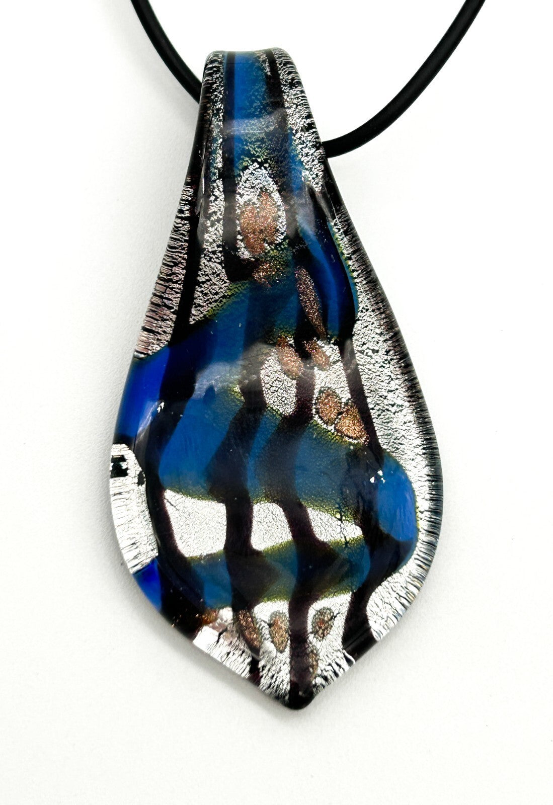 Murano Style Art Glass Pendant Necklace Blue, Silver & Black Abstract Design
