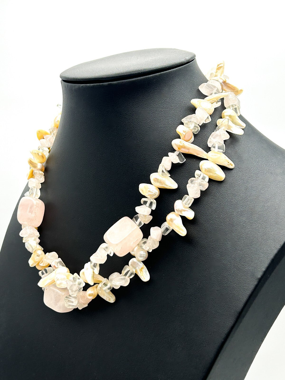 Freshwater Pearl Rose Quartz Necklace Double Strand Natural Stone Baroque Pearl