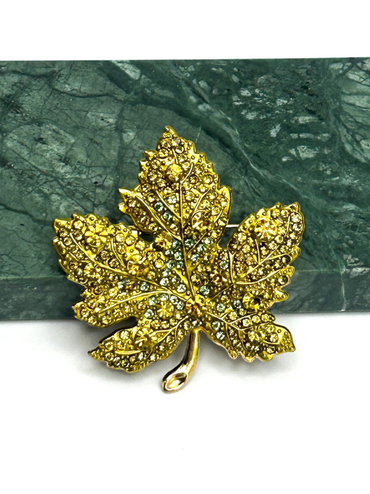 Vintage Maple Leaf Brooch Gold Tone Green Rhinestone Leaf Pin