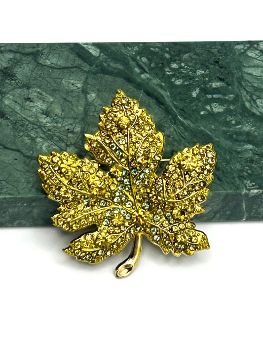 Vintage Maple Leaf Brooch Gold Tone Green Rhinestone Leaf Pin