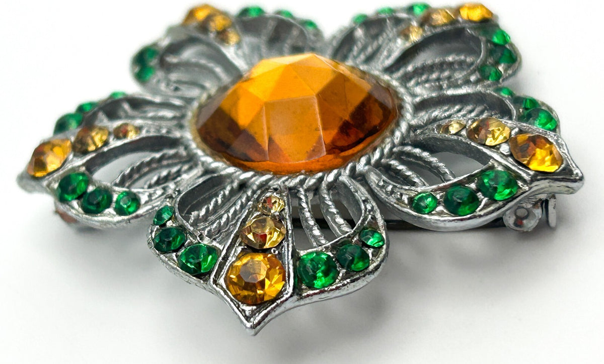 Vintage 1940s Rhinestone Flower Brooch Amber Green Glass Silver Tone