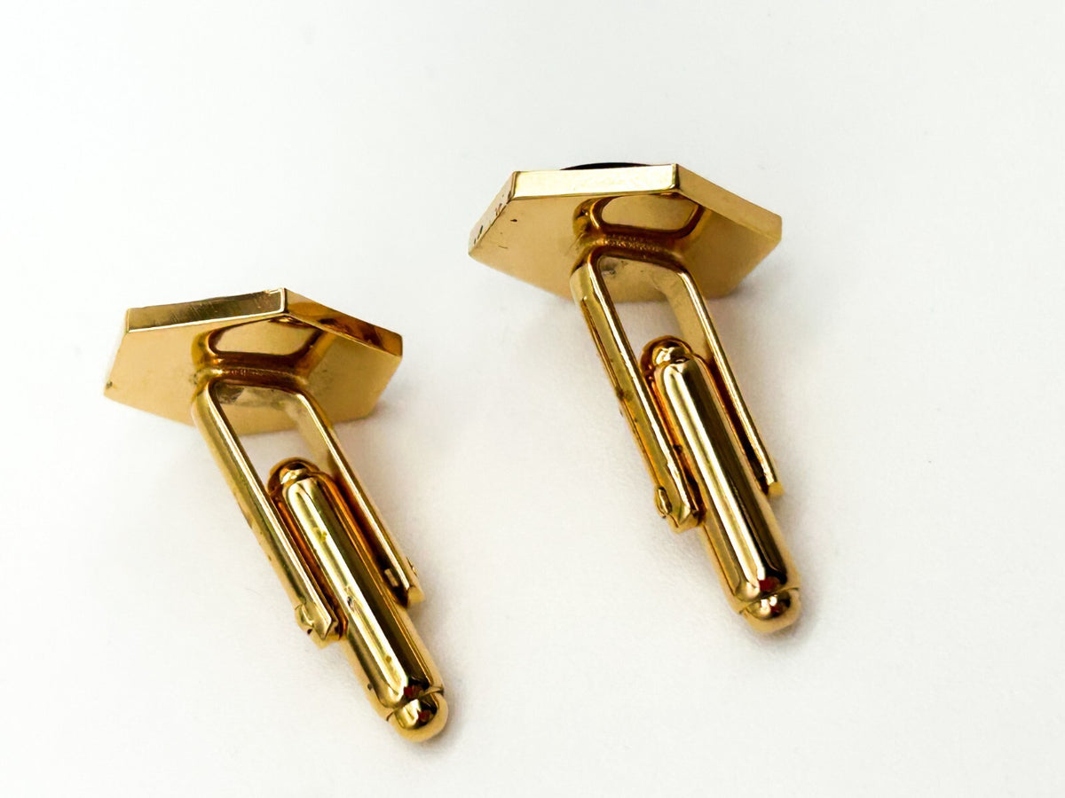 Vintage Gold Tone Black Glass Hexagonal Cufflinks Mens Formal Retro Smart