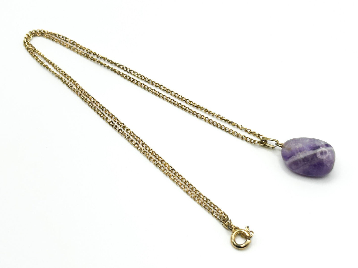Vintage Gold Tone Chain Necklace with Tumbled Amethyst Pendant - VTG Purple Gem