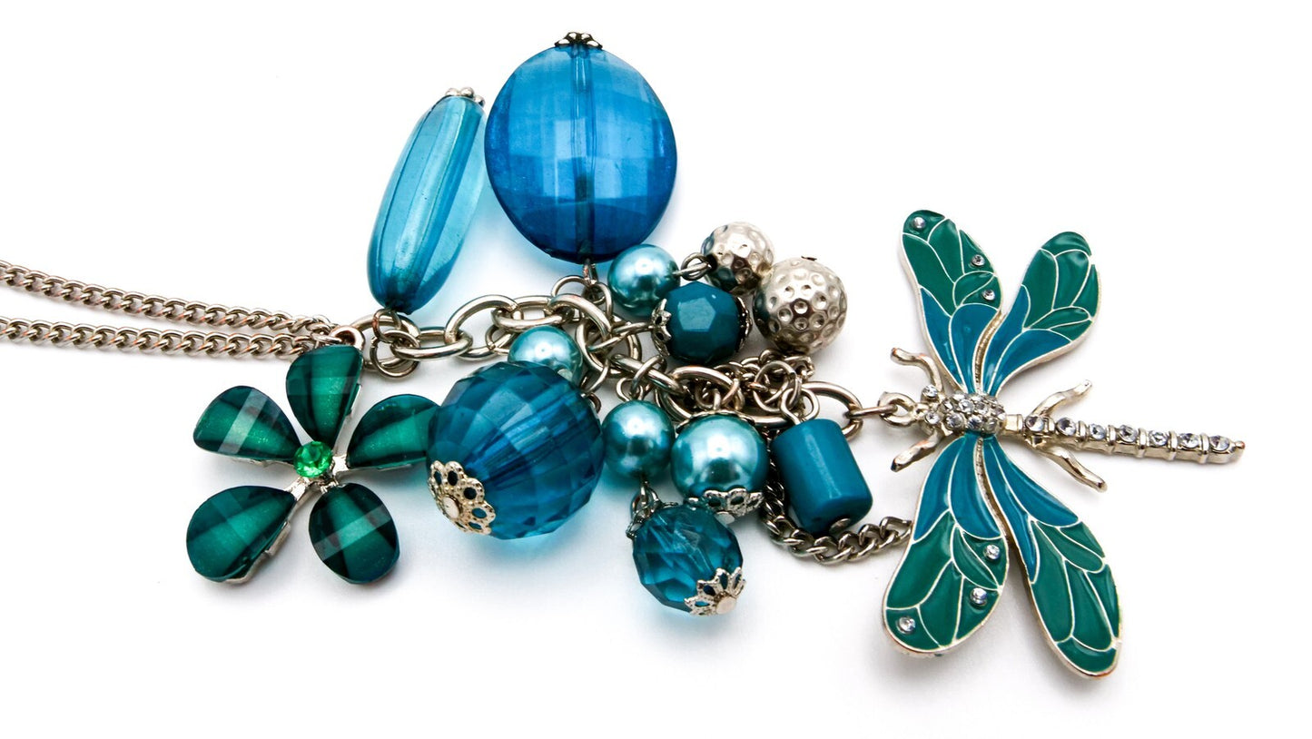 Dragonfly Drop Pendant Necklace - Blue, Turquoise, Teal, Silver-tone chain