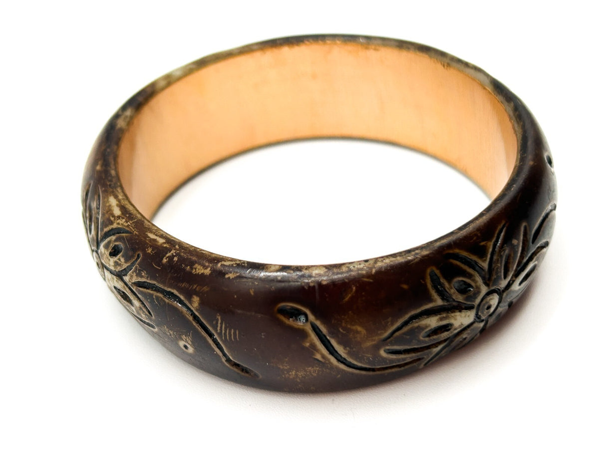 Vintage Carved Floral Organic Material Bangle Brown Boho Statement Bracelet