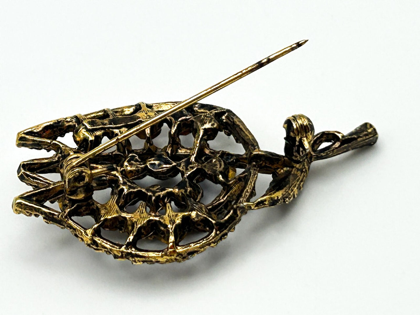 Gold Tone Openwork Tulip Brooch with Multicolour Rhinestones