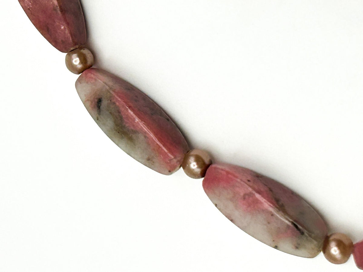Rhodonite Gemstone Beaded Necklace Pink Oval Beads Faux Pearl Spacers 18”
