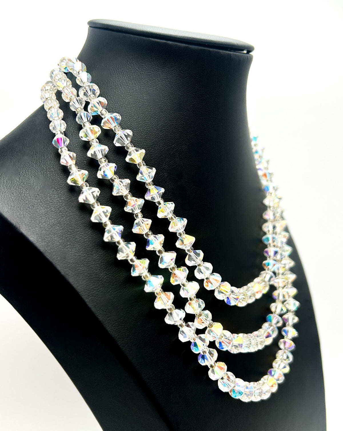 Vintage Aurora Borealis Crystal 3 Strand Multistrand Necklace – Faceted Bicone