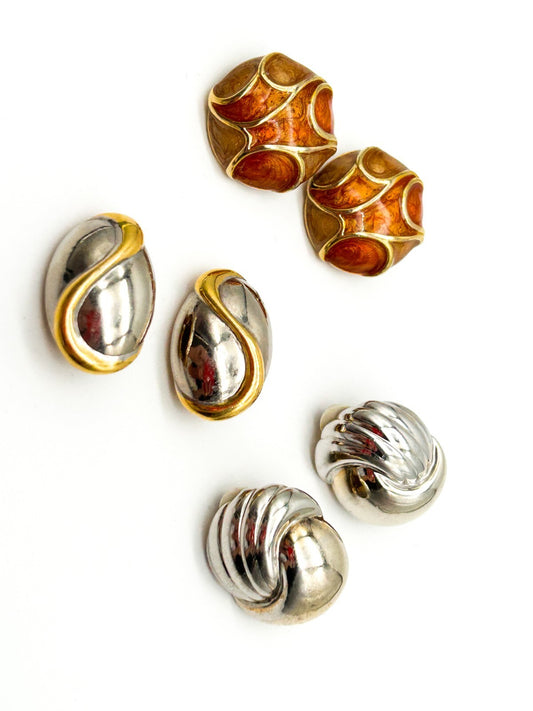 Vintage Chunky Gold and Silver Tone and Enamel Clip On Earrings Bundle 80s Retro