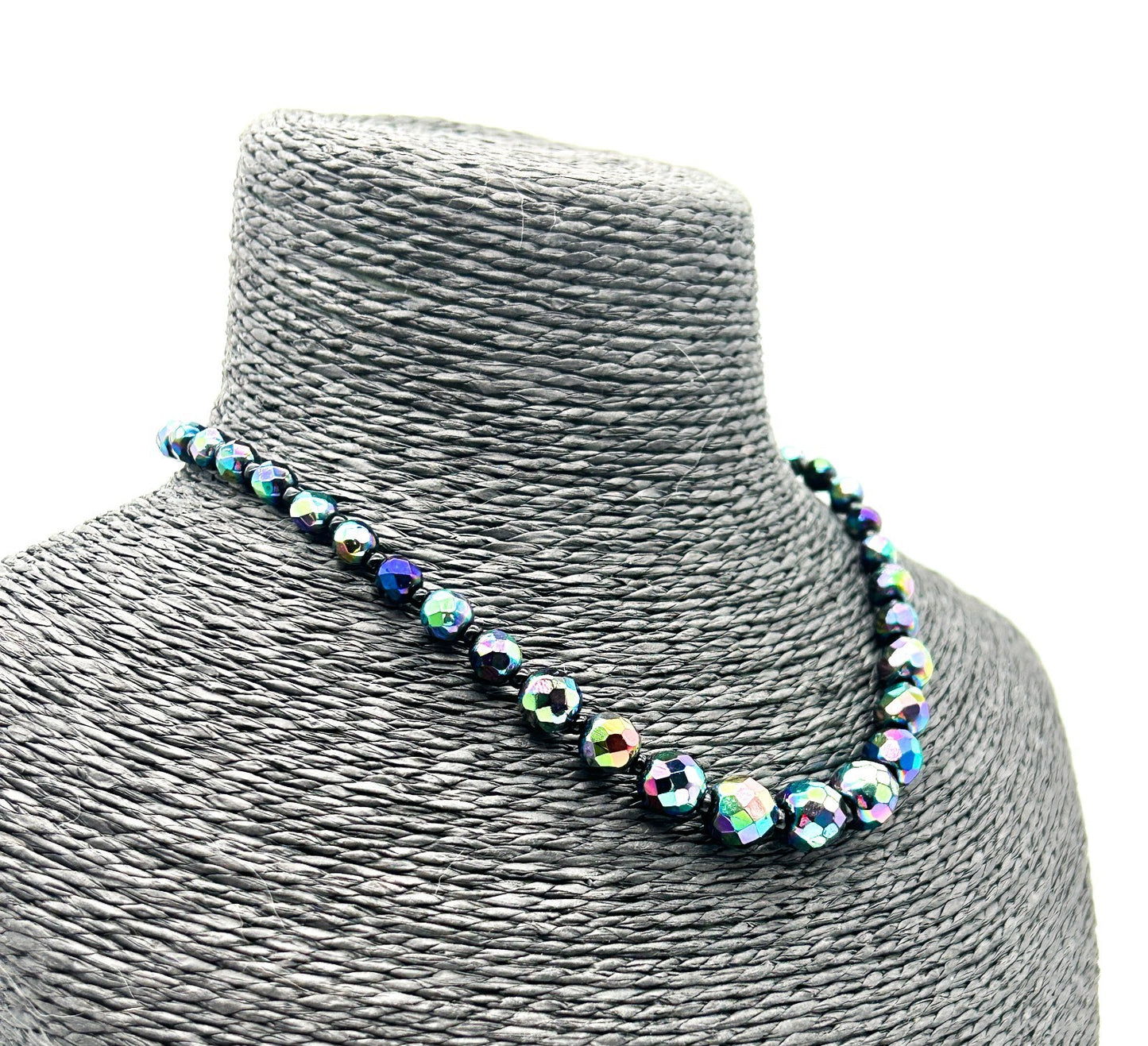 Vintage Aurora Borealis Peacock Glass Choker Necklace Rainbow Faceted Retro AB