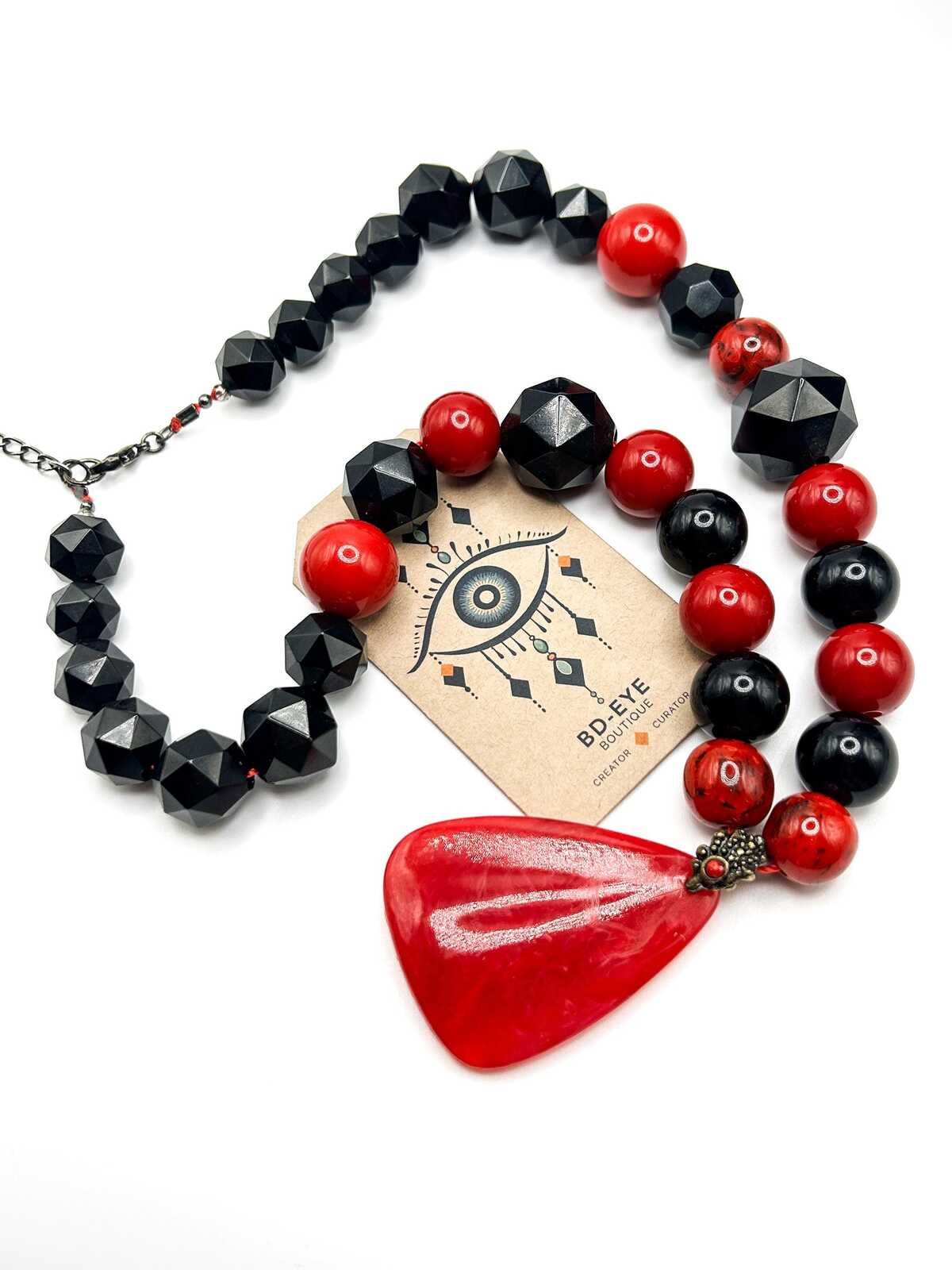 Vintage Red and Black Beaded Pendant Necklace