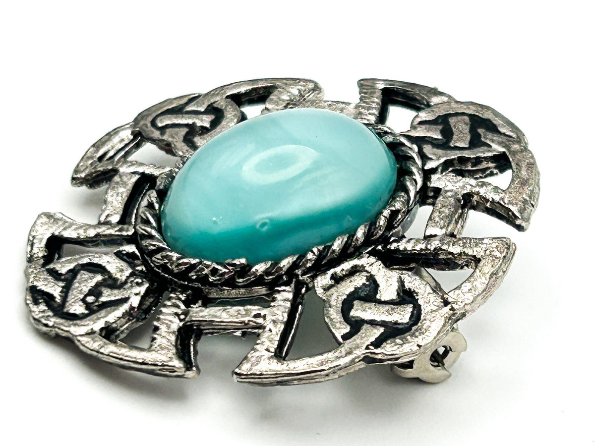 Celtic Knot Brooch Pewter Turquoise Style Cabochon Cross Pin