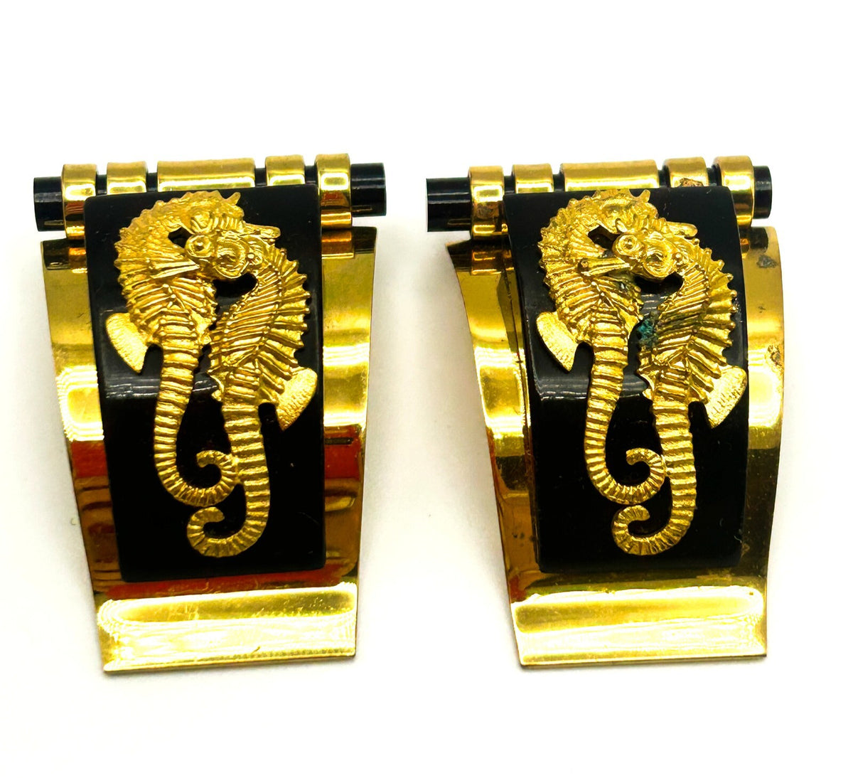 Vintage Shoe Dress Clips Art Deco Jean Painlevé Seahorse Black Gold Pair 1930s