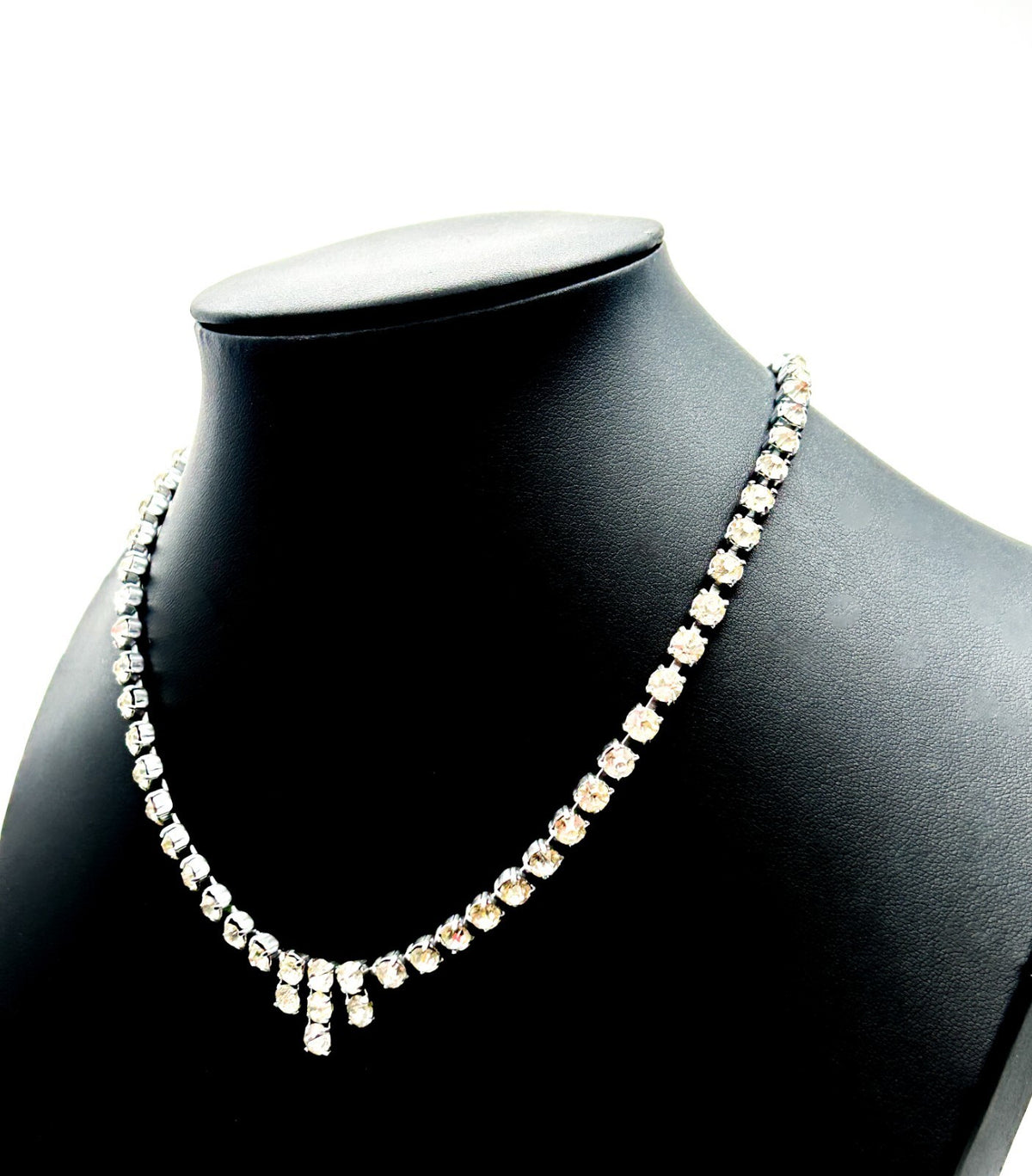 Rhinestone Necklace Silver Tone Clear Crystal Drop Pendant Prong Set Choker 15”