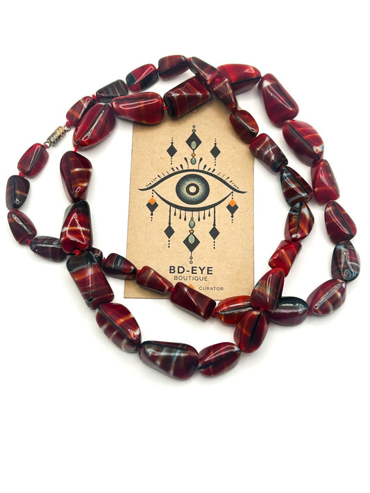 Vintage MCM Red Bohemian Czech Art Glass Necklace - Boho