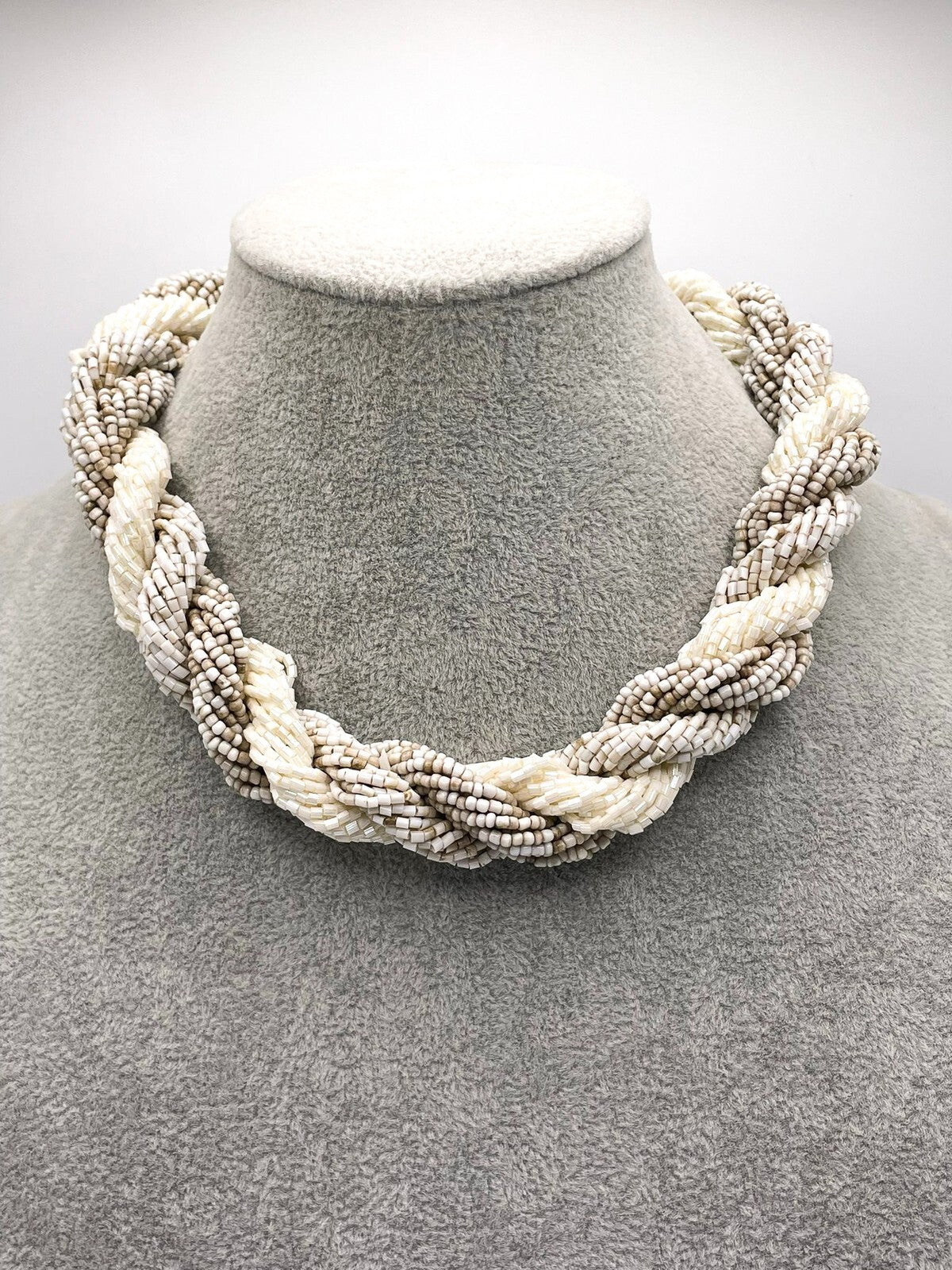 Cream and Beige Seed Bead Twisted Collar Necklace 19"
