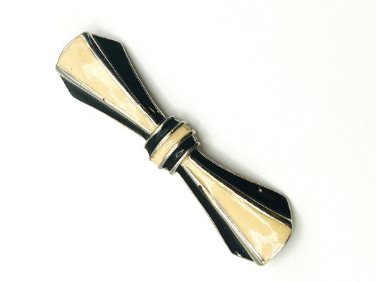 Vintage 1980s Black & Cream Enamel Bow Brooch Classic Design