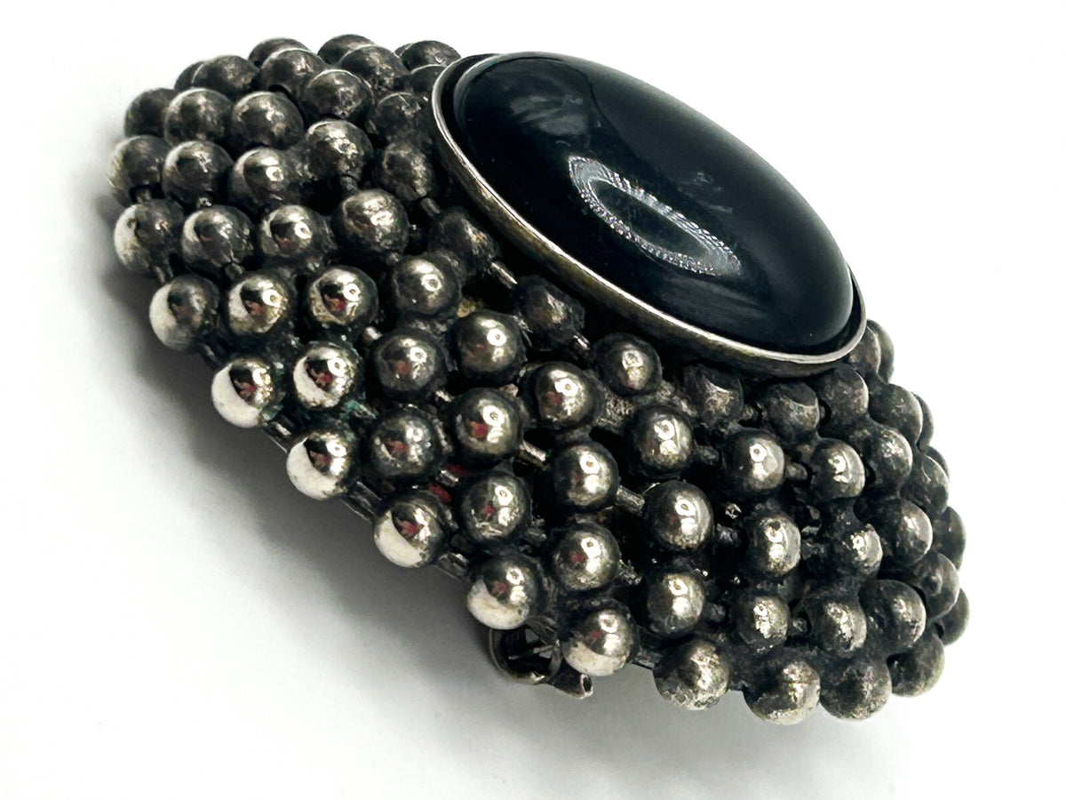 Vintage Black Cabochon Brooch Victorian Revival Style Silver Tone Domed Pin