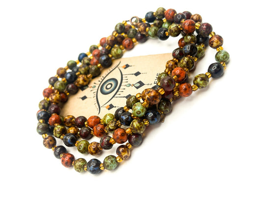 Vintage Mottled Glass Bead Necklace – Green, Orange, Brown & Mustard
