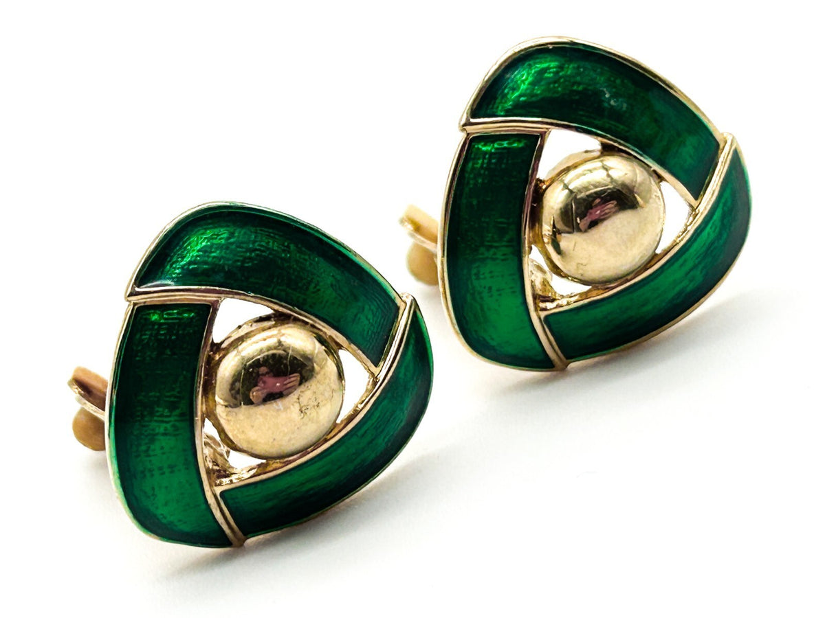 Vintage Gold Tone Green Enamel Knot Clip On Earrings – Late 80s / Early 90s