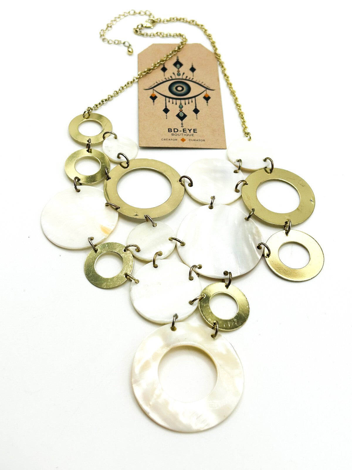 Y2K Gold Tone Statement Necklace Mother of Pearl Disc Hoop Bib Chunky 90s 2000s