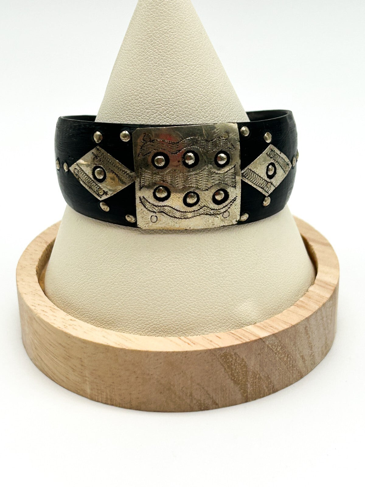 Vintage Tuareg Tribal Cuff Bracelet Organic Material & Silver Tone Etched Ethnic
