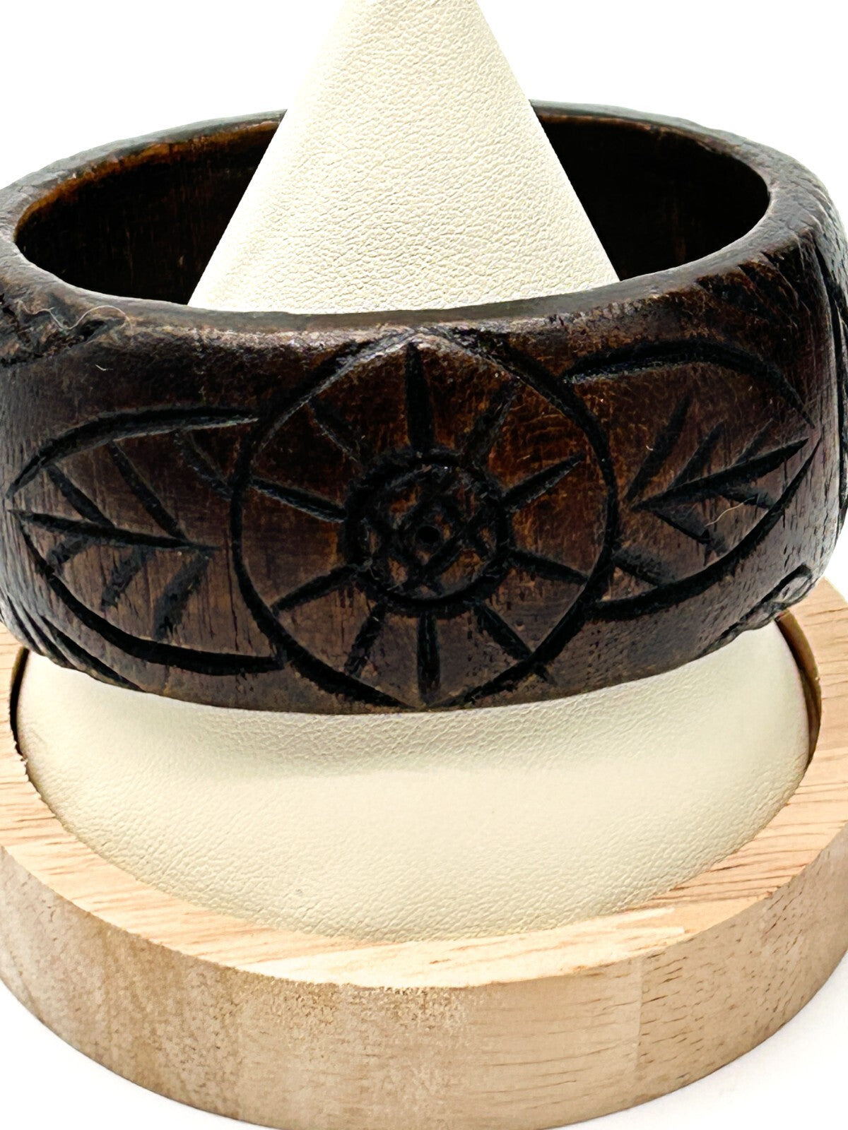 Vintage Hand Carved Wood Bangle Flower Leaf Design Rustic Bracelet Floral Boho