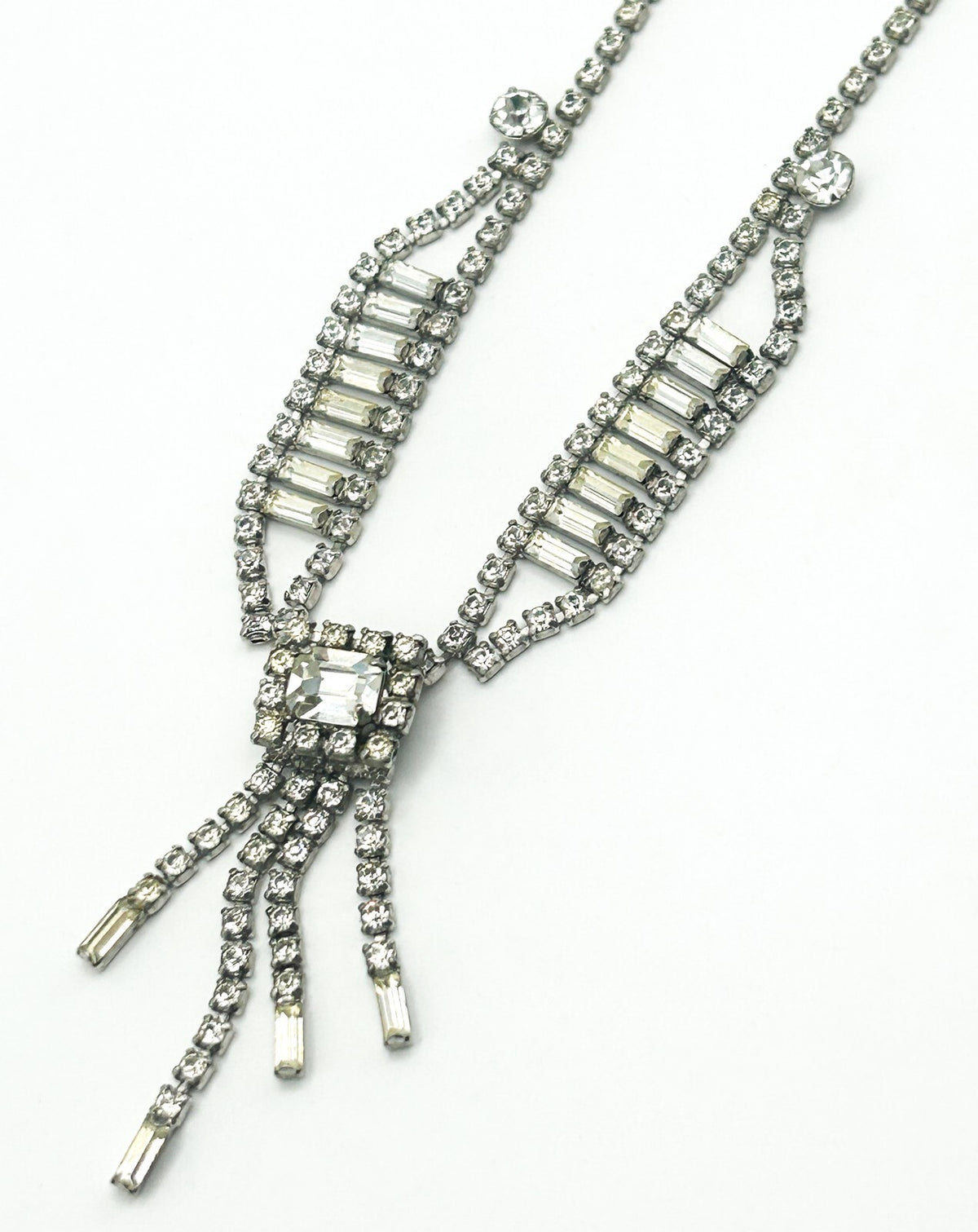 Vintage Rhinestone Waterfall Necklace Baguette Statement Tassel Drop 16”