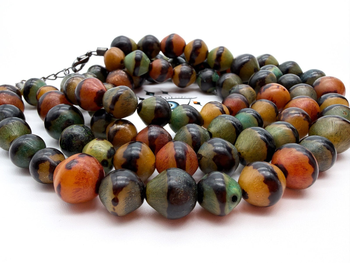 Vintage Double Strand Multicolour Acrylic Beaded Necklace Green Orange