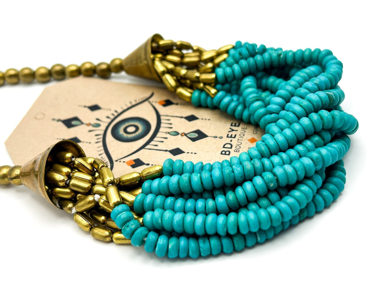 Vintage Turquoise Wood Multi-Strand Beaded Necklace with Gold Tone Caps